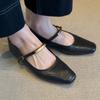 Sheepskin Version~ Shallow Mouth One-word Buckle Black Mary Jane Shoes Women's Retro Flat-bottomed Comfortable Versatile Square Head Small Single
