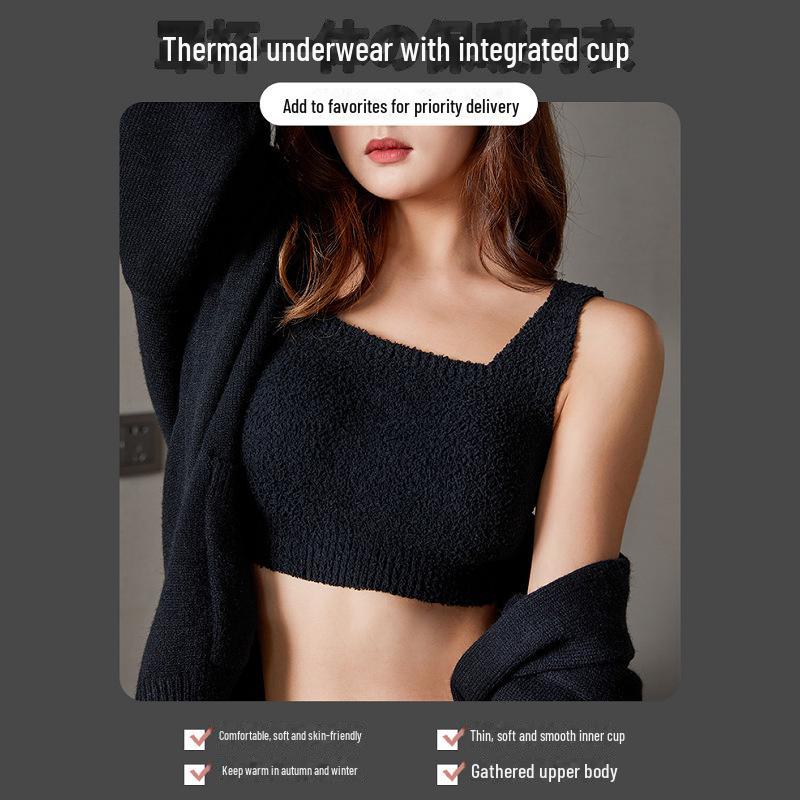 Plush Women's Lambskin Vest with Chest Pads - Warm, Bra-Free, One-Piece Innerwear for Autumn and Winter