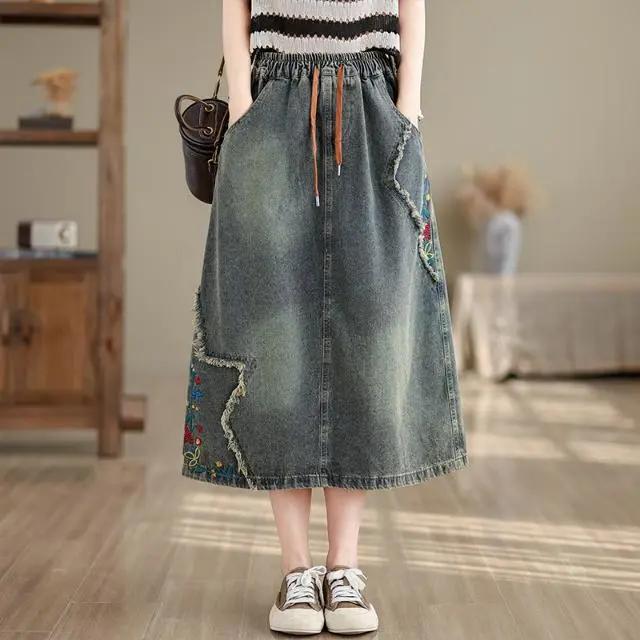 Plus Size Women's Summer Dress Ethnic Style Loose Denim Skirt Skirt Spring and Autumn A-line Mid-length Skirt