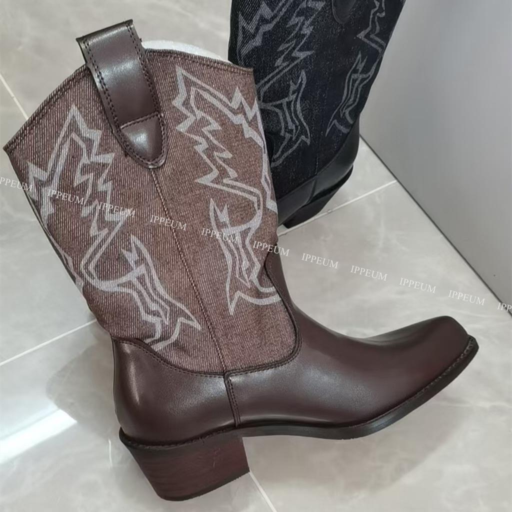 IPPEUM Cowboy Boots For Women 2025 New Winter Ankle Black Heel Shoes Western Cowgirl Boot