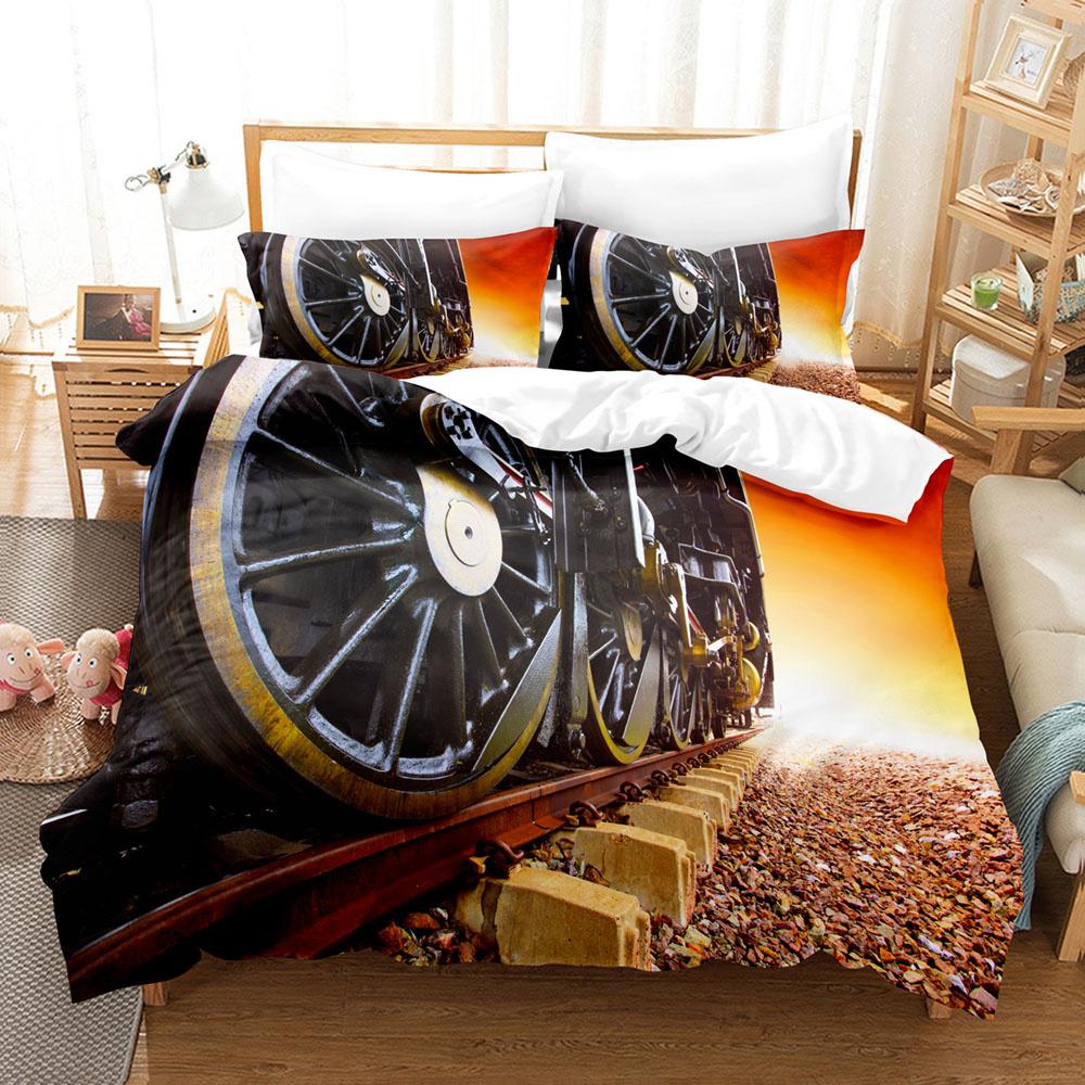 Steam Engine Duvet Cover Set Locomotive Green Black Train On Steel Railway Track Travel Adventure Graphic Print King Queen Size