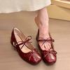 French Haute Couture Bow Thick Heel Square Head Mary Jane Shoes 2025 New with Skirt Red Evening Single Shoes Women