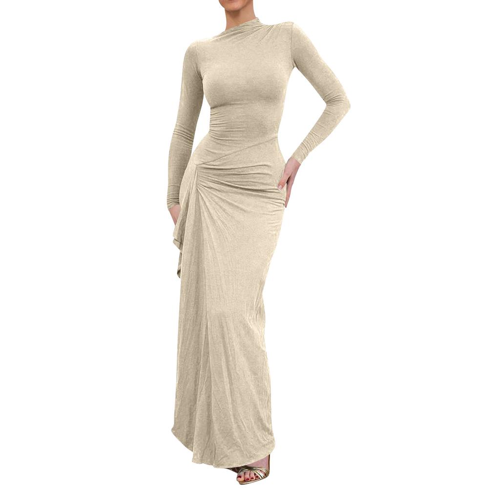 Women's Casual Fashion Long Sleeve Solid Color Slim Waist Dress