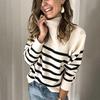 Women Autumn Winter Casual Knitted Sweater Pullovers Top Turtleneck Rivets Striped Long Sleeve Beige Black Gray Khaki S-XL