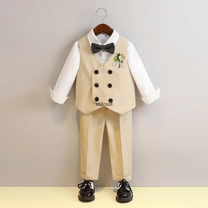Children Vest Set 2 To 12 Y Flower Boys Wedding Suit Formal School Kids Piano Performance Costume Teens Birthday Evening Tuxedo