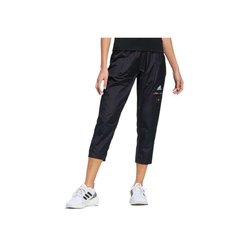 Adidas Solid Logo Micro Mark Cropped Sports Pants Women Bottoms Black HE9958