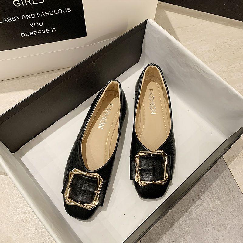 Spring Women's Flat Sole Single Shoe with Front Buckle Flat Heel Round Head Breathable and Versatile Black Fairy Soft Sole Bean Shoes