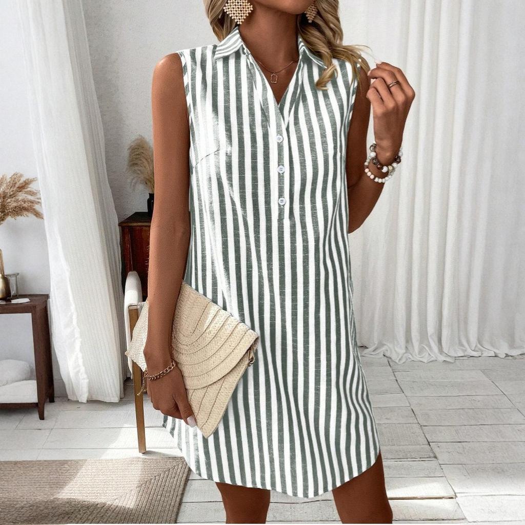 Women's Fashion Striped Sleeveless V-neck Button Loose Shirt Dress