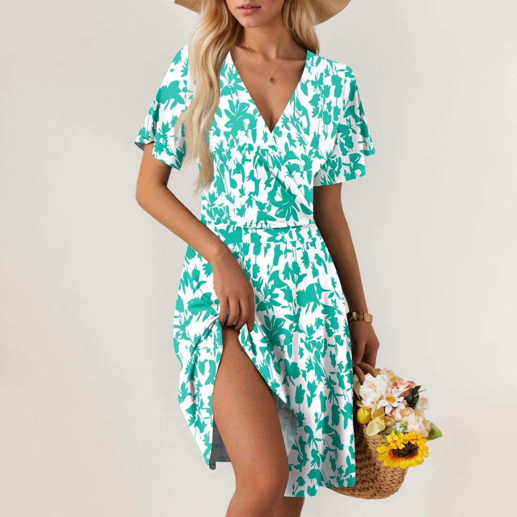 Women's Summer Dress Loose Beach Vacation Casual Deep V Neck Short Sleeve Dress Elegant Dress
