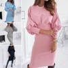 2024 Fall Winter Women Dress Thick Round Neck Tight High Waist Elastic Solid Color Soft Warm Lantern Sleeve Sheath Knee Length Midi Dress