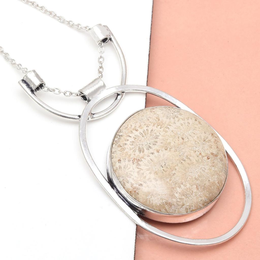 Necklace Fossil Coral Gemstone Jewelry Handmade Pendant 20" Natural