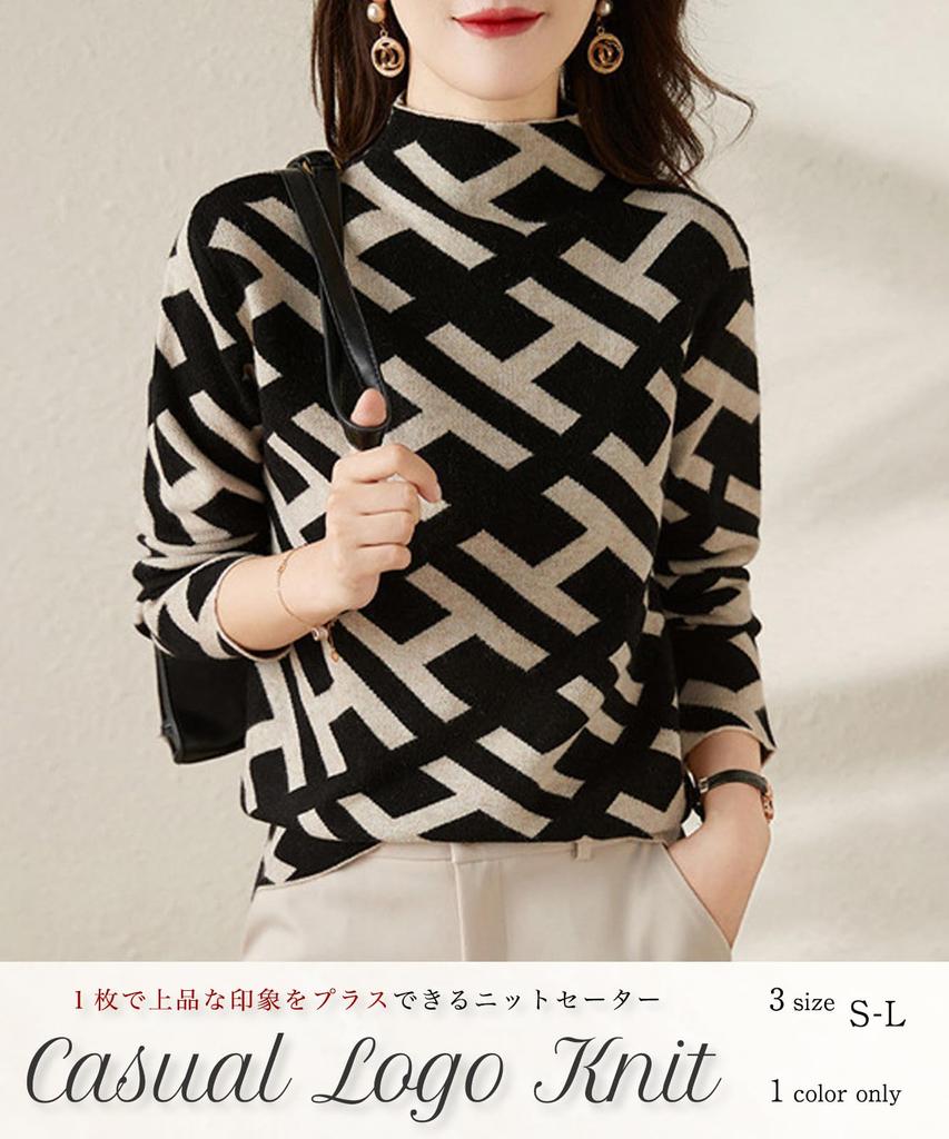 Knit H Long Sleeve Patterned Long Long Long Black Yuru Trendy Office Work Autumn Winter Winter Winter Clothes Winter Black [Neiman Bai] Women's