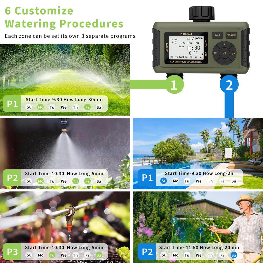 Diivoo 2 Zone Automatic Watering Timer Garden Irrigation Controller Outdoor With LCD Dispaly Waterproof Programmer for Lawn