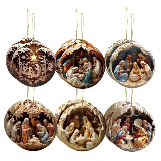 12 Pcs Nativity Scene Ornament Round Wooden Birth of Jesus Christian Keepsake Religious Hanging Pendant for Christmas Home Car Decor
