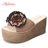 Fashion Aphixta Flower Wedge Heels Slippers Women 9cm Cow Suede Bow Women Mulers Female 4cm Platform Sandals Clog Shoes Slides Women