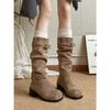 Fashion Platform Thick Heel Women Western Cowboy Boots Fashion Slip On Folded Pile Long Booties Female Shoes Autumn Winter