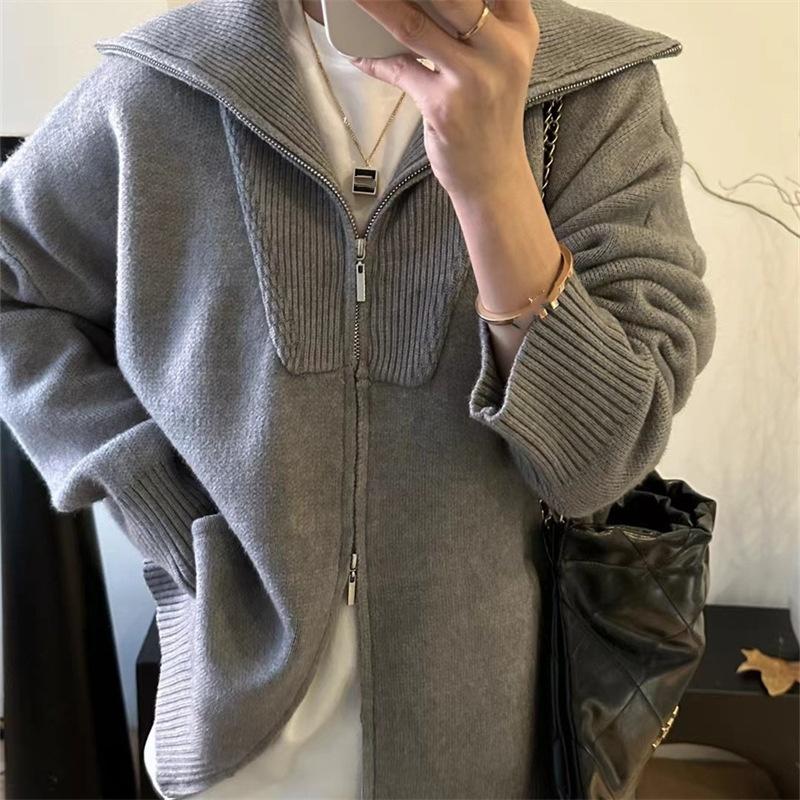 Double Zipper Lapel Thick Lazy Style Sweater Autumn and Winter Loose Large Size Solid Color Sweater Women