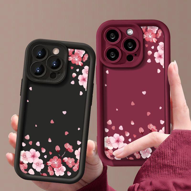 Soft TPU Silicone Phone Case For iPhone 15 16 14 Pro Max 11 12 13 Pro 16E XR 15 Plus Pink Peach Blossom Pattern Shockproof Cover