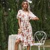 Summer Fall Floral Print Long Dress Women Casual O-neck Short Butterfly Sleeve High Waist Slim Bandage Blet S-XL