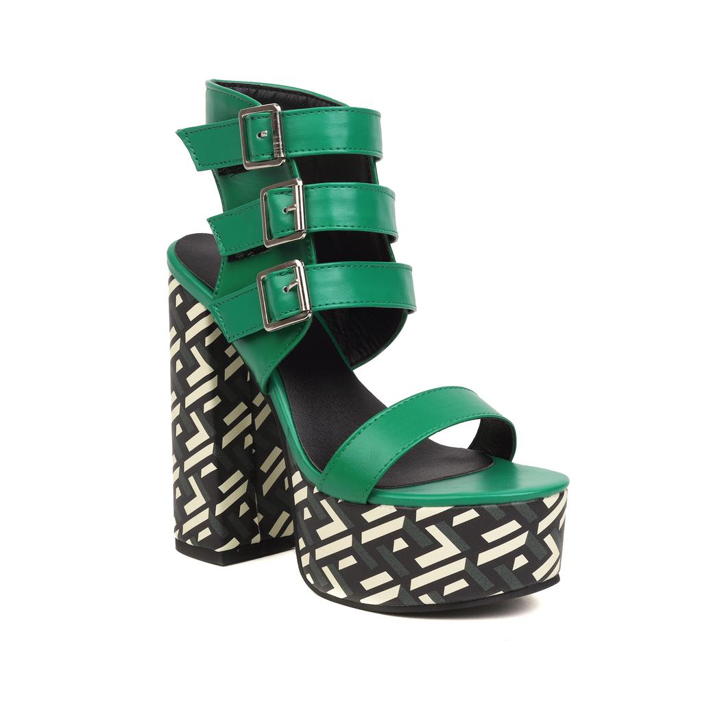 2025 Heel Printing Stage Shoes Ultra High Thick Heel Platform Three Row Belt Buckle Peep Toe Shoes Fashion Party Women's Sandals