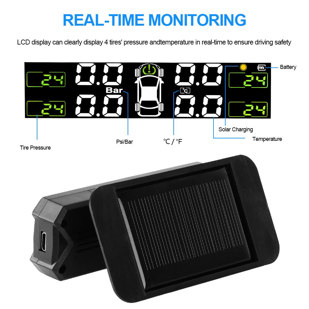 Solar Power Car TPMS Auto Security Alarm Tyre Pressure Sensor Temperature Warning Tire Pressure Monitoring System Save Fuel