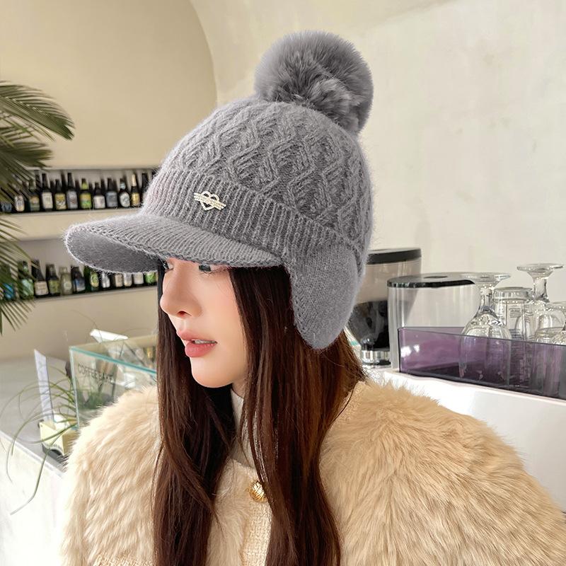 Autumn and Winter Ladies Rabbit Ears Knitted Hat Padded Warm Ear Protection Cap Wool Hat Thickened Duck Tongue Hat Beret