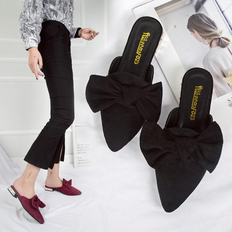 Pointed Toe Low Heel Slippers Women's Bowknot Suede Plus Size Women's Shoes Size 35-40