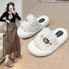 2025 Autumn New Muffin Thick-bottomed Fluffy Slippers Women's Outer Wear Belt Buckle One-word Plush Cotton Slippers
