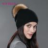 Winter Women Real Fur Pom Pom Hats   Wool Knitted Thick Warm Lined Beanies  Lady Fashion Bobble Ski Caps  Knitted Cap