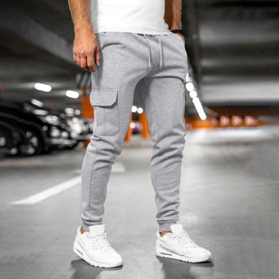 Men Winter Sweatpants Drawstring Waist Fleece-Lined Jogger Pants with Multiple Pockets Solid Color Thick Cargo Pants for Work Street Wear