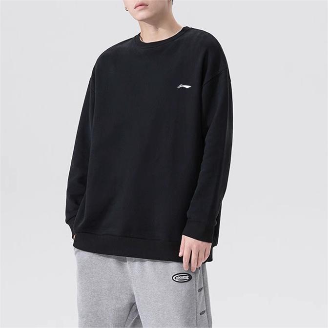 Li Ning Logo Embroidered Sports Knit Crewneck Sweatshirt Men Sweatshirt Black AWDR603-1