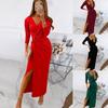Spring Autumn Women's V-neck Dress Solid Color Sexy Long Dress Mid-waist Split Dress