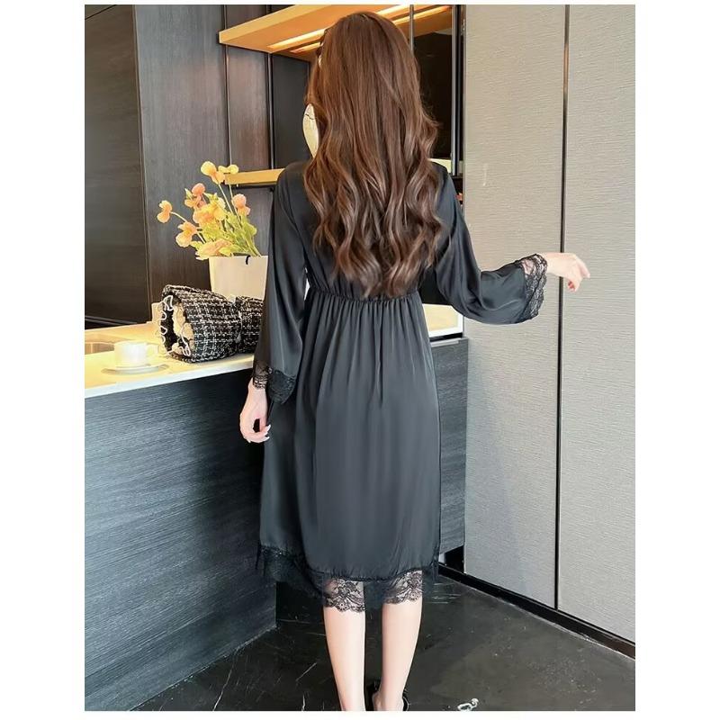 Women's Sexy Spring and Autumn Nightdress Ladies Sweet Lace Ice Silk Loungewear Long Sleeve Homewear