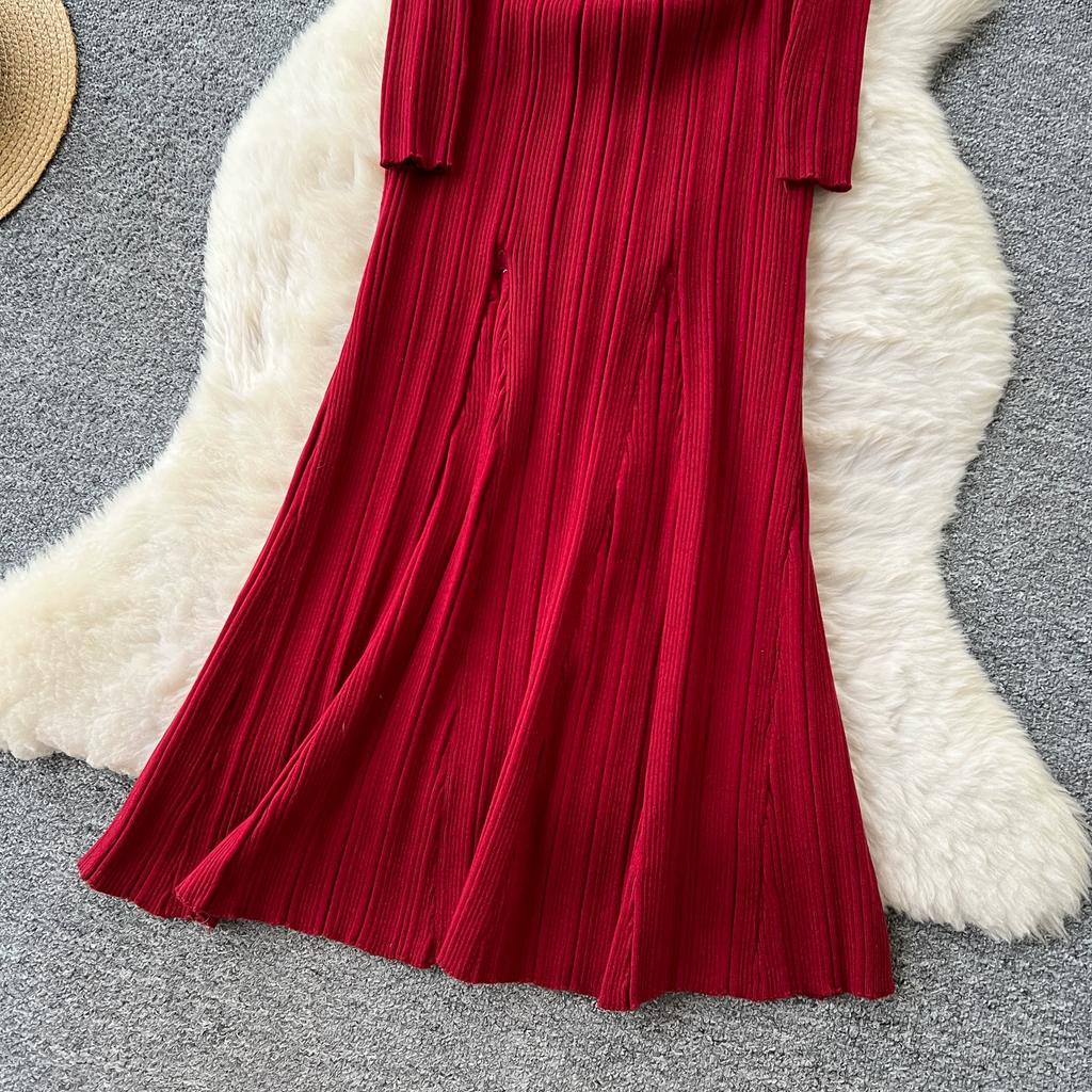 Autumn Winter Women V-neck Full Sleeve Knitted Sweater Party Long Maxi Mermaid Dresses