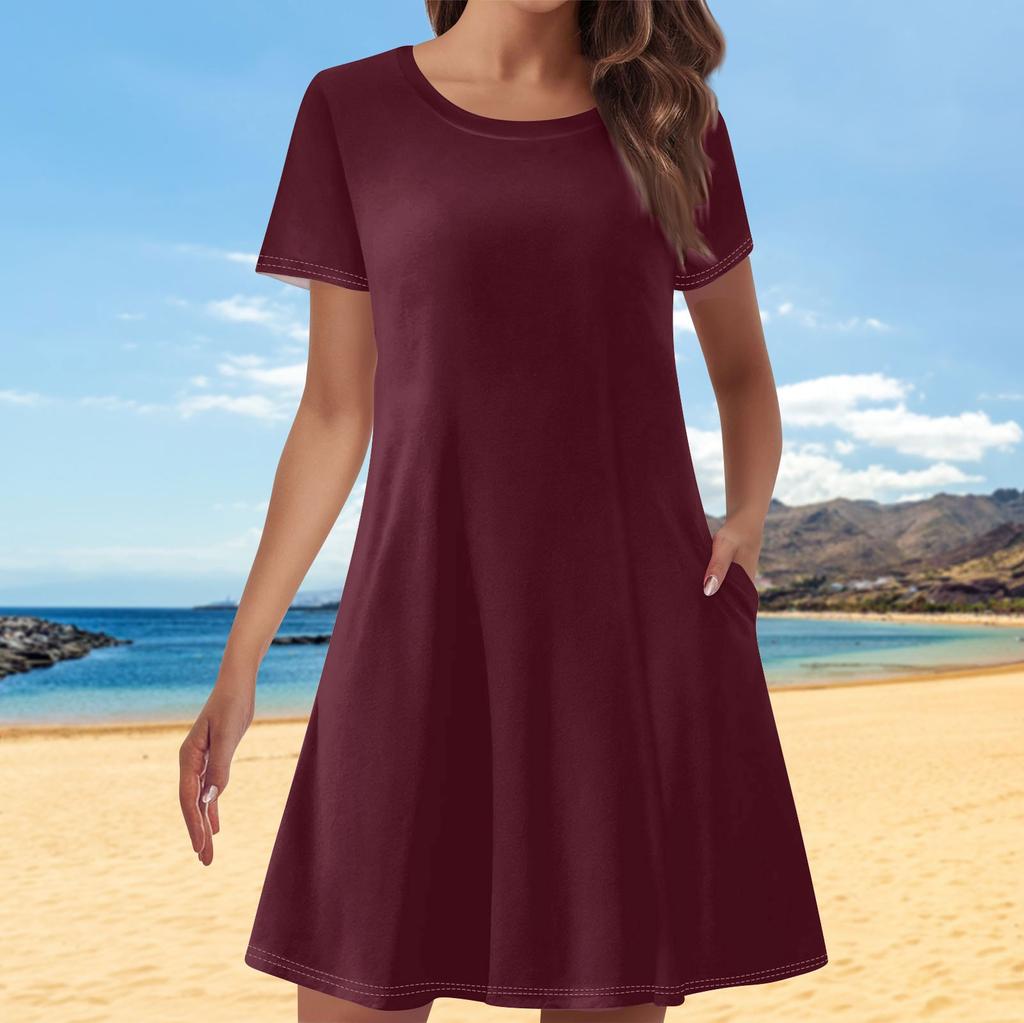 Women's Solid Color Printed Casual Dresses Summer Short Sleeve Round Neck Dresses