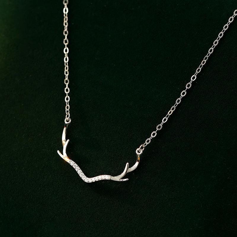 Banyan Tree S925 Silver Deer Antler Necklace with Diamond - Women's Fashion Clavicle Chain Holiday Gift