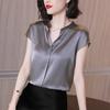 Satin Blouse Women Short Sleeve Top Solid Color Grey Loose V Neck Blouses Black Grey Summer Chiffon Tops