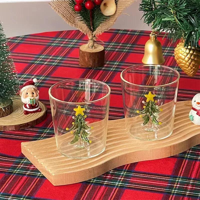 300ML Glass Water Cup with 3D Christmas Tree Rose Decoration For Daily Party Drinking Glasses Coffee Milk Mug Lover Gifts