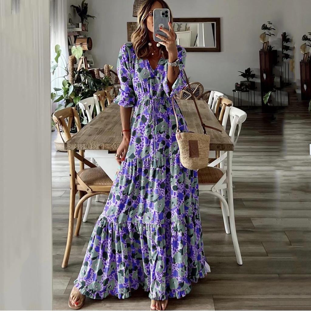 VEZFAA Women's Fashion Summer Spring Flower Pattern Print Short Sleeve V-Neck High Waist Casual Dresses