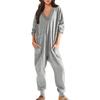 Women's Fashion Loose Casual Long Sleeve V-Neck Solid Colour Pocket Jumpsuit