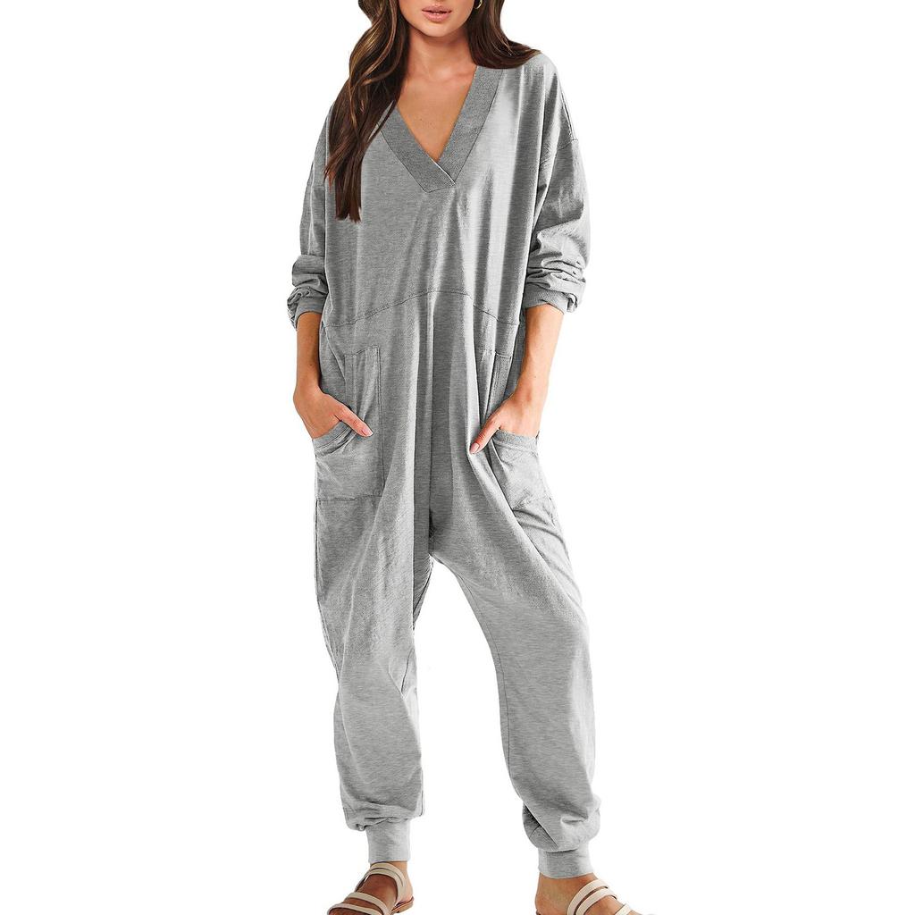 Women's Fashion Loose Casual Long Sleeve V-Neck Solid Colour Pocket Jumpsuit
