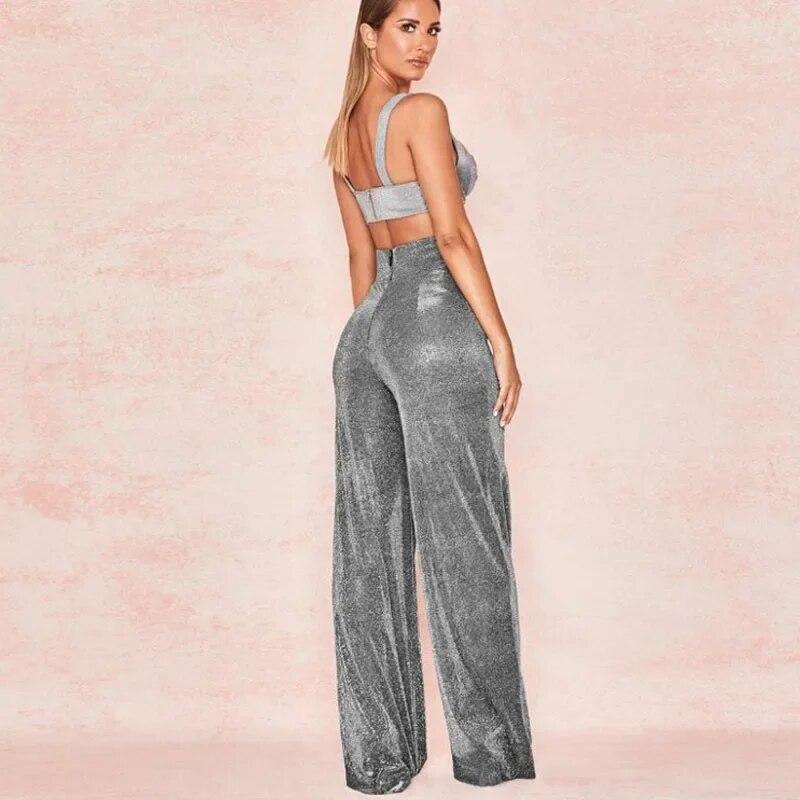 Office-lady High-waist Solid Bringht Silk Sports And Leisure Casual Straight Womens Trousers Sexy Loose Flare Pants 30446