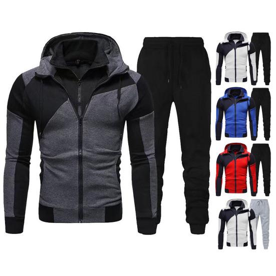 Men Autumn Winter Hoodie Pants Suit Fashion Hooded Splicing Zipper Coat with Elastic Waist Drawstring Pants Set