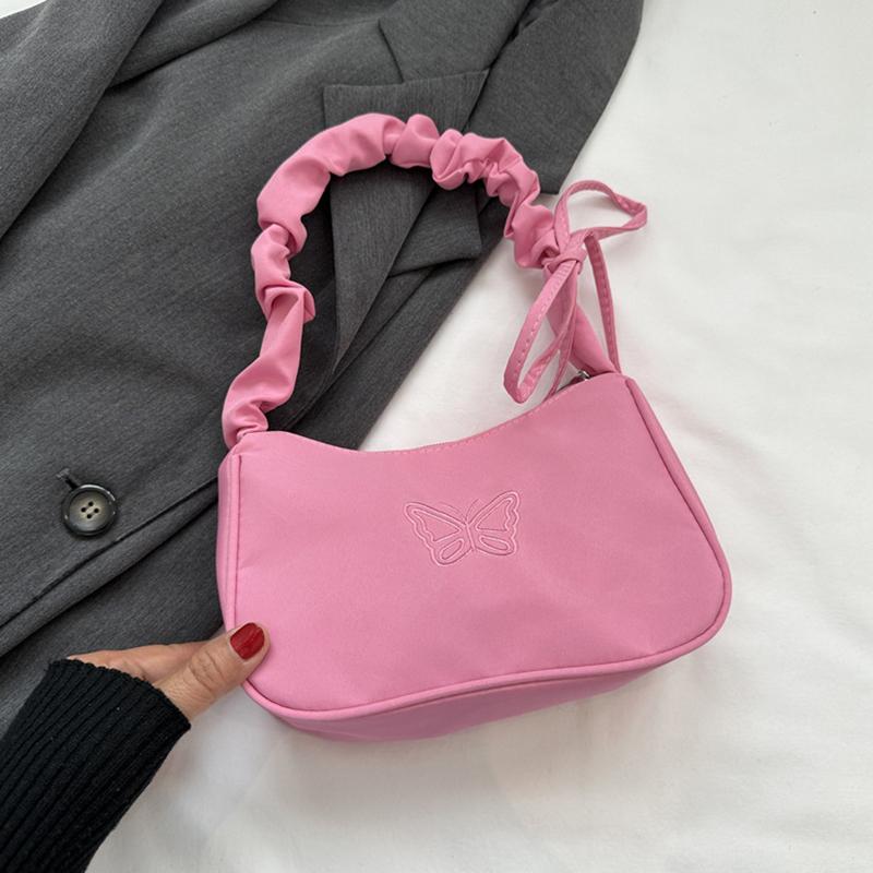 Cute Embroidered Bowknot Butterfly Shoulder Bag Women Pleated Handbag Half-moon Underarm Bag Fashion Oxford Nylon Bow Tote Bag