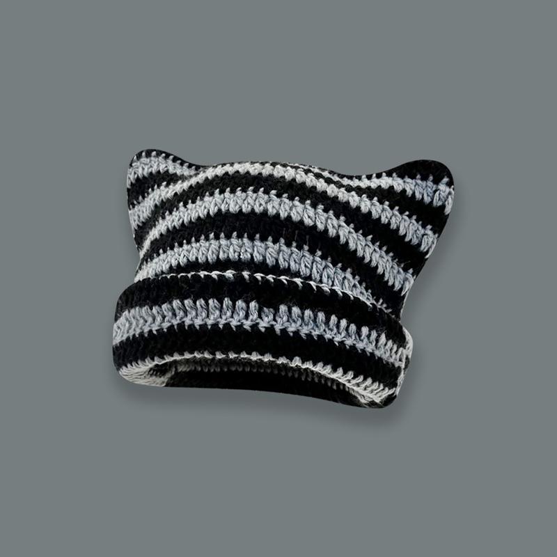 Cute Devil Horn Knitting Striped Beanie Hat Autumn Winter Knitted Wool Caps Girl Cat Ear Pointed Pullover Women Bonnet Hats