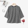 Women Casual Round Neck Plaid Print Loose 3/4 Sleeve Blouse
