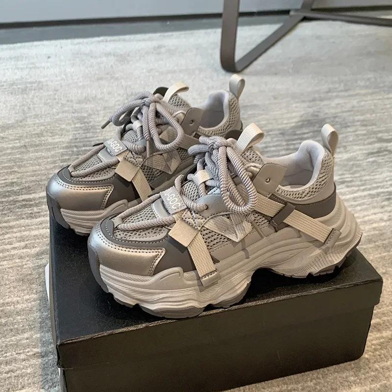 Women's Chunky Sneakers Breathable Mesh Platform Sports Shoes Woman Fashion Lace Up Thick Sole Casual Shoes Mujer 2025