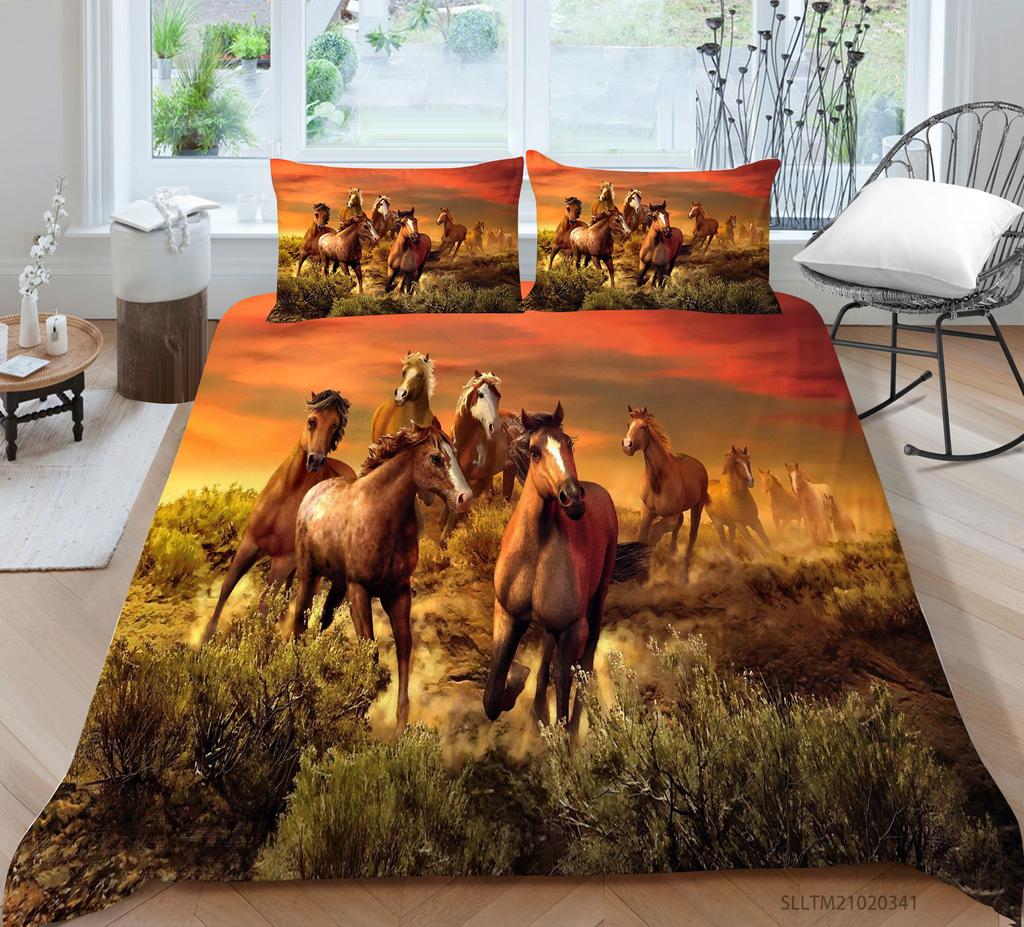3D Horse Pattern Bedding Single Double Bed Full Size Animal Print Pillowcase and Quilt Cover Microfiber Washable Home Decoration