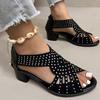 Crystal Decoration Peep Toe Sandal Women Fashion Hollow Out Black Sandals Ladies Summer 2025 Comfort Cover Heel Sandalias Mujer