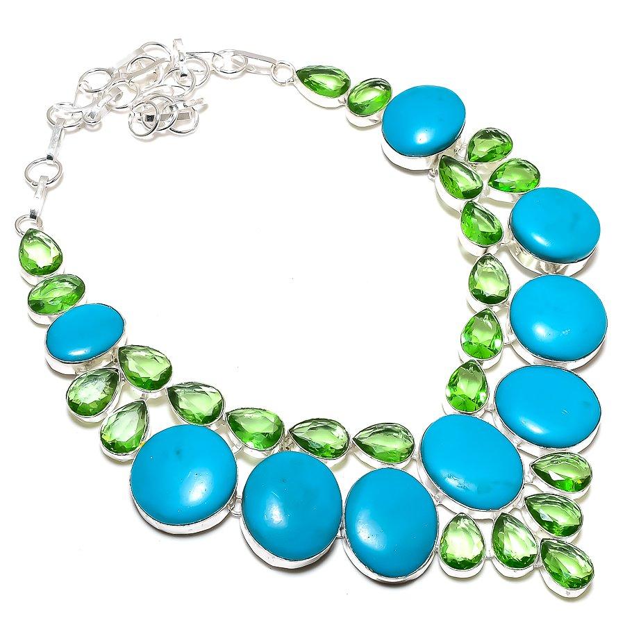 Natural Arizona Turquoise, Tsavorite 925 Sterling Silver Necklace 18" j5F78